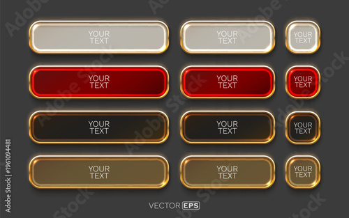 A collection of elegant glossy metallic buttons with golden frames, perfect as UI elements.