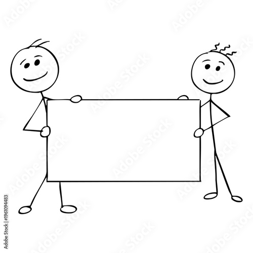 Two stick figures holding a blank sign together with smiles