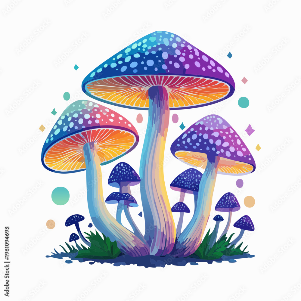 Naklejka premium Rainbow psychedelic mushrooms with colorful caps