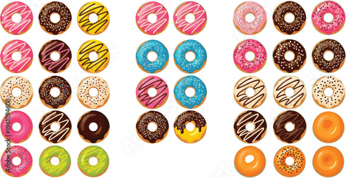 Large donut collection set with colorful glazed, chocolate and sprinkled doughnuts, sweet bakery dessert variety isolated vector illustration
