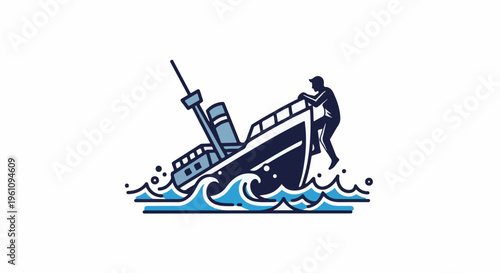 Sinking ship with person clinging to railing amidst choppy seas