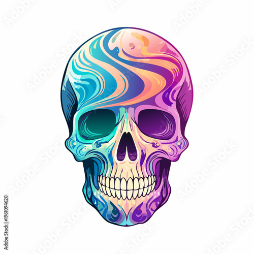 Ornate skull with psychedelic swirls and vivid color palette