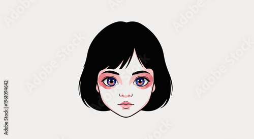 Stylized anime girl face with large, expressive eyes and short black hair