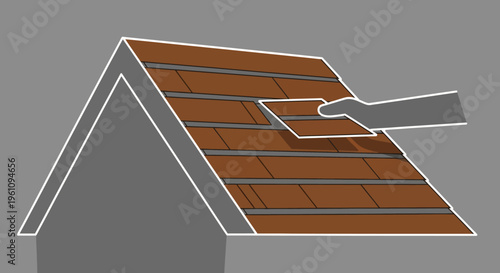 Roofing Installation and Repair Illustration - Hand Placing Brown Shingles on a House Roof Icon