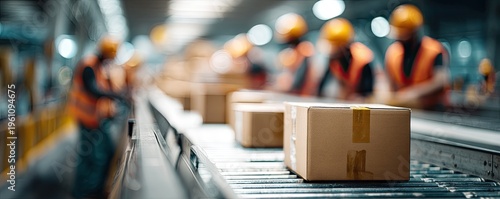 Boxes on conveyor belt with workers in background