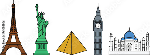 World Landmarks Travel Destination Eiffel Tower Statue Liberty Pyramid Monument Vector Illustration