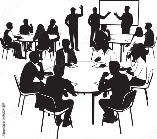 Business people meeting vector silhouette illustration brainstorming around office table
