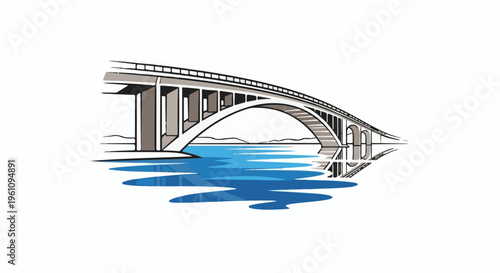 Stylized arched bridge over blue water with reflection