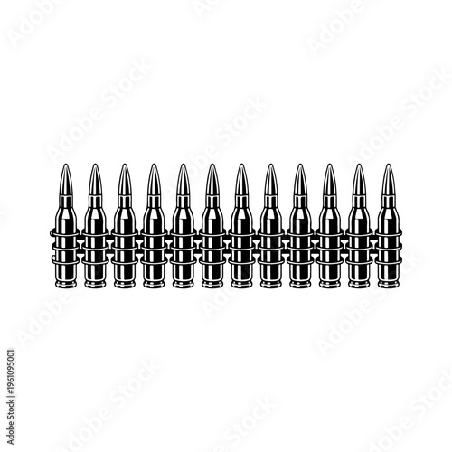 A black and white vector illustration of a military ammunition belt loaded with rifle cartridges. A clean, detailed silhouette for tactical and ballistic concepts.