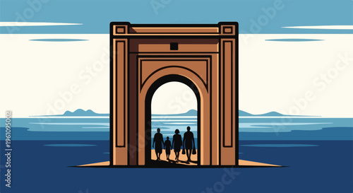 Stylized archway frames family silhouette against serene seascape