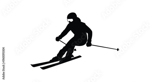Silhouetted skier in motion dynamic downhill pose with poles extended