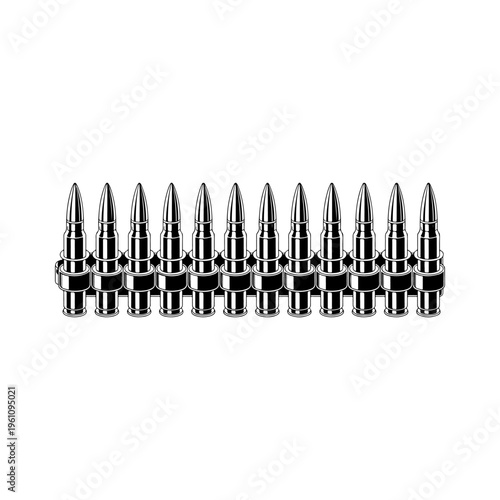 A black and white vector illustration of a military ammunition belt loaded with rifle cartridges. A clean, detailed silhouette for tactical and ballistic concepts.