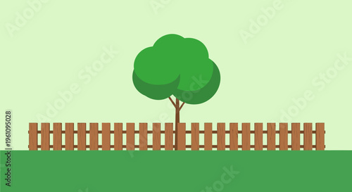 Stylized Green Tree behind a Wooden Fence in Backyard Garden, Minimalist Flat Design Illustration for Nature and Environment Concept