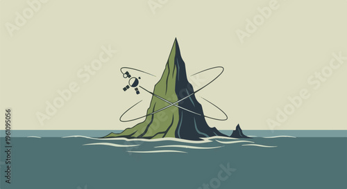 Stylized atom orbits a mountainous island in the ocean