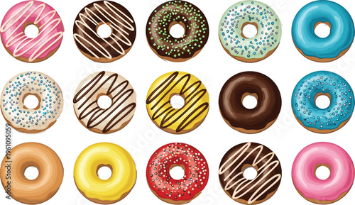 Colorful donut collection with glazed, chocolate and sprinkled doughnuts, sweet bakery dessert assortment isolated on background vector illustration set