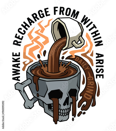 Artistic depiction of a skull mug overflowing with coffee accompanied by motivational text and abstract lightning motifs Best Selling T-shirt Design