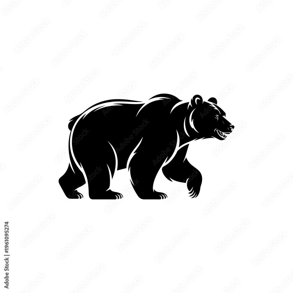 Obraz premium A black and white vector illustration of a powerful grizzly bear walking. This clean, dynamic silhouette is perfect for outdoor adventure, wildlife, and sports branding.