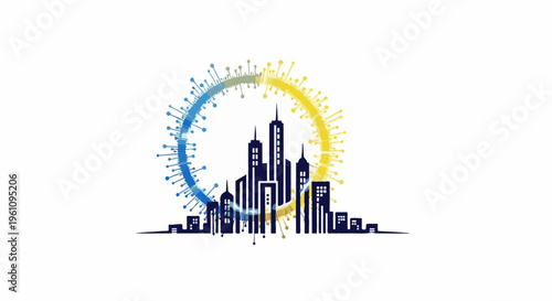 Silhouettes of city buildings enclosed by a circular, spiky, abstract design in blue and yellow