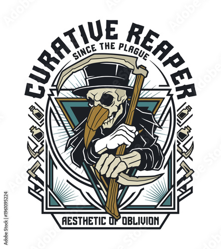 Creepy plague doctor skeleton character with scythe and top hat in a geometric design representing the aesthetic of oblivion and curatives since the plague Best Selling T-shirt Design
