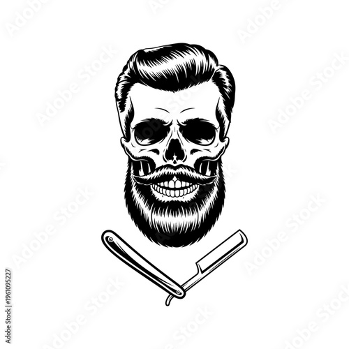 A black and white vector illustration of a skull with a stylish haircut, mustache, and full beard, positioned above a straight razor. A classic barbershop mascot.