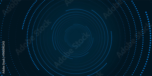 Digital circles of blue glowing dots. Big Data visualization into cyberspace. Network Information Decay. Futuristic modern background. Vector illustration.