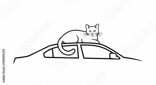 Stylized black outline drawing of a domestic cat resting on the roof of a car