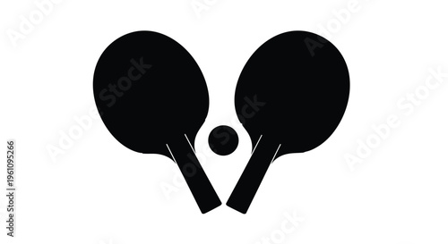 Black silhouette of two ping pong paddles and a small ball