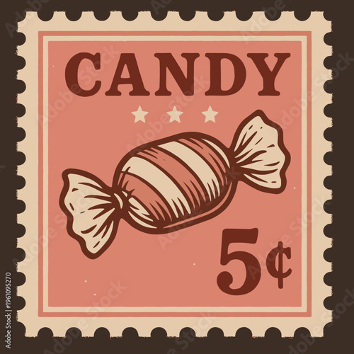 Vintage candy stamp design with a striped candy and retro style, red background