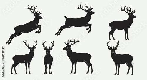 Silhouettes of six majestic stags in various dynamic poses on a pale background