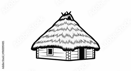 Simple black and white drawing of a rustic log cabin with a thatched roof
