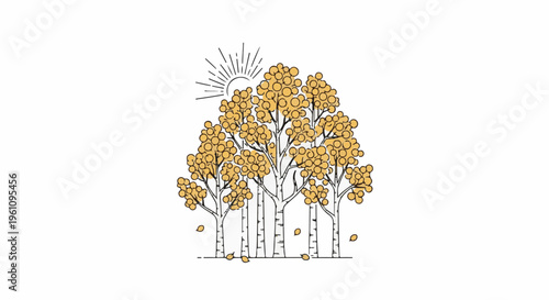 Stylized autumn trees with falling leaves under a radiant sun