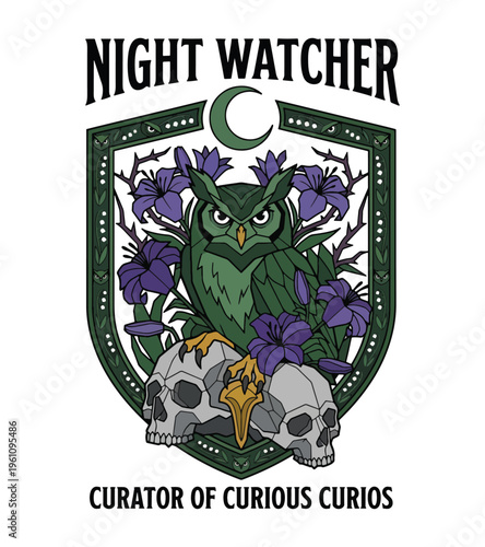 Mysterious night owl perched on skulls surrounded by blooming lilies and a crescent moon embodying wisdom and the enigmatic allure of the unknown Best Selling T-shirt Design