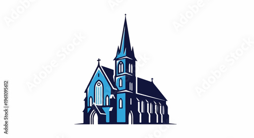 Stylized blue and dark blue church with steeple and arched windows