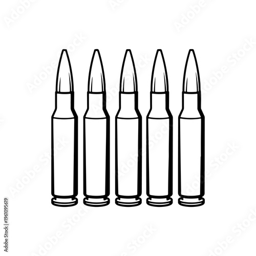 A black and white vector illustration of rifle cartridges lined up vertically. A clean, balanced silhouette ideal for hunting, ballistic, and military branding.