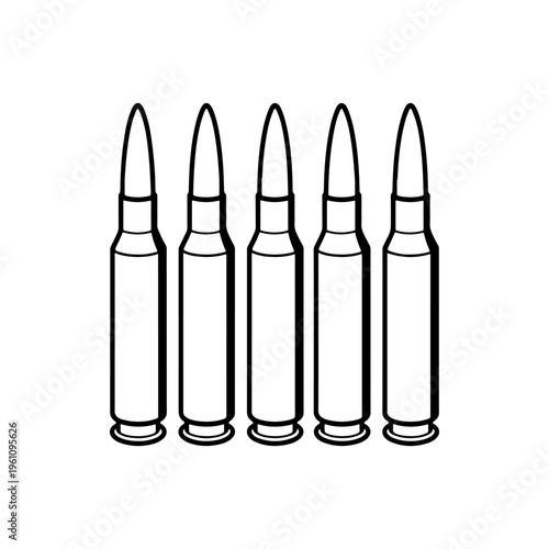A black and white vector illustration of rifle cartridges lined up vertically. A clean, balanced silhouette ideal for hunting, ballistic, and military branding.