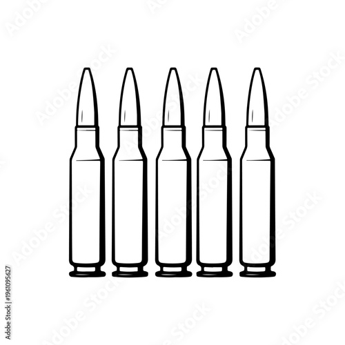 A black and white vector illustration of rifle cartridges lined up vertically. A clean, balanced silhouette ideal for hunting, ballistic, and military branding.