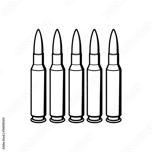 A black and white vector illustration of rifle cartridges lined up vertically. A clean, balanced silhouette ideal for hunting, ballistic, and military branding.