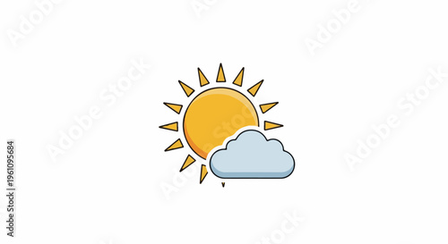 Simple cartoon sun partially obscured by a fluffy cloud on a white background