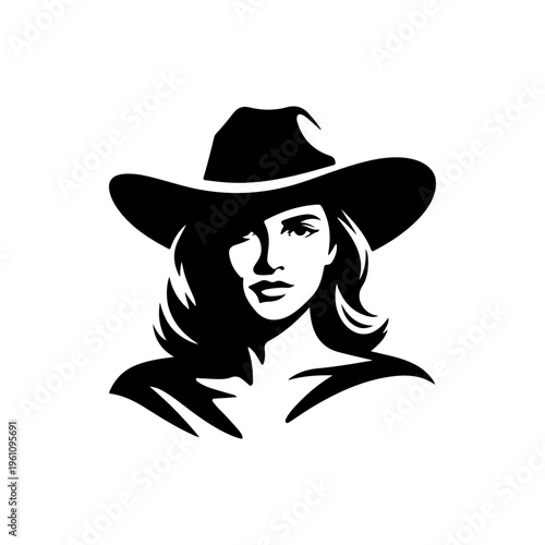 A black and white vector illustration of a beautiful woman wearing a classic wide-brimmed cowboy hat. A stylish and elegant silhouette for western or fashion branding.
