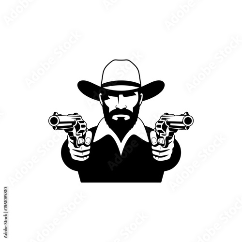 A black and white vector illustration of a bearded cowboy in a hat, pointing two revolvers directly forward. A gritty, classic wild west outlaw or gunslinger mascot.