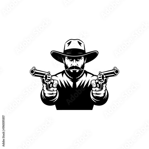 A black and white vector illustration of a bearded cowboy in a hat, pointing two revolvers directly forward. A gritty, classic wild west outlaw or gunslinger mascot.