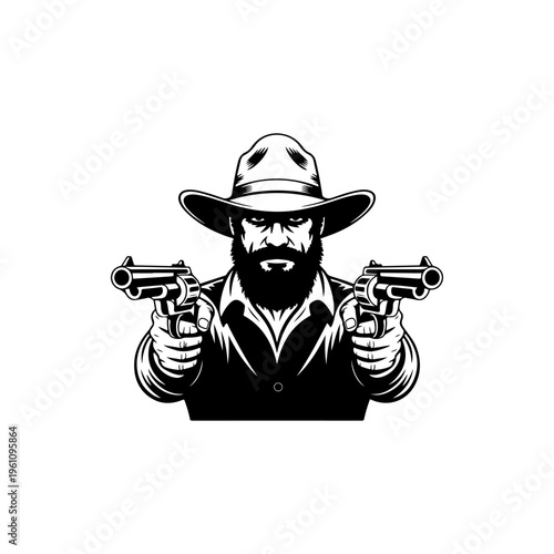 A black and white vector illustration of a bearded cowboy in a hat, pointing two revolvers directly forward. A gritty, classic wild west outlaw or gunslinger mascot.