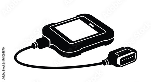 Black and white illustration of an automotive diagnostic scan tool with cable