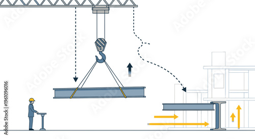Industrial construction site operations depicted with a heavy-duty crane lifting steel beams into place, guided by skilled construction workers ensuring precise structural assembly