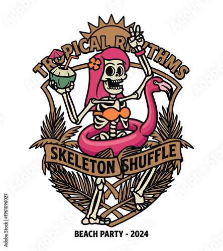 Whimsical skeleton wearing a bikini and holding a coconut drink rides a flamingo float while celebrating a beach party event with tropical vibes Best Selling T-shirt Design