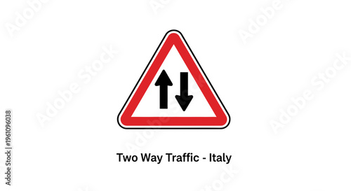 Standard traffic warning sign depicting two-way road flow, crucial for driver awareness and navigating shared street directions effectively