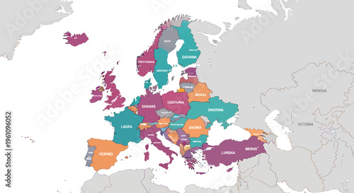 Vivid vector political map of Europe, highlighting each country with distinct colors and clear boundaries, ideal for educational resources, geographical studies, and data presentation