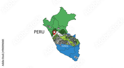 Illustrated map of Peru, highlighting its diverse geography, blending coastal, Andean, and Amazonian regions, with a marked cultural landmark