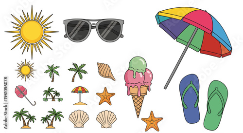 Summer beach holiday vector elements collection. Sun, sunglasses, palm trees, ice cream, umbrella, flip-flops, seashells, starfish for tropical designs