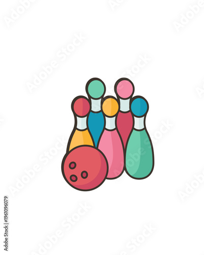 Colorful bowling pins stand tall beside a red ball
